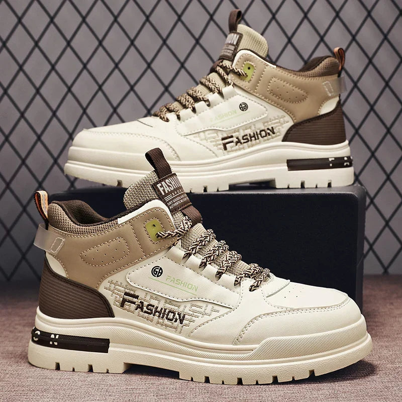 Men's High Top Lace-Up Sneakers Chunky Lug Sole Hiking Style Shoes
