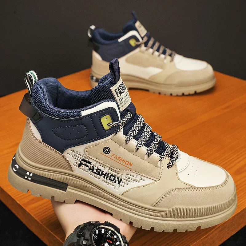 Men's High Top Lace-Up Sneakers Chunky Lug Sole Hiking Style Shoes