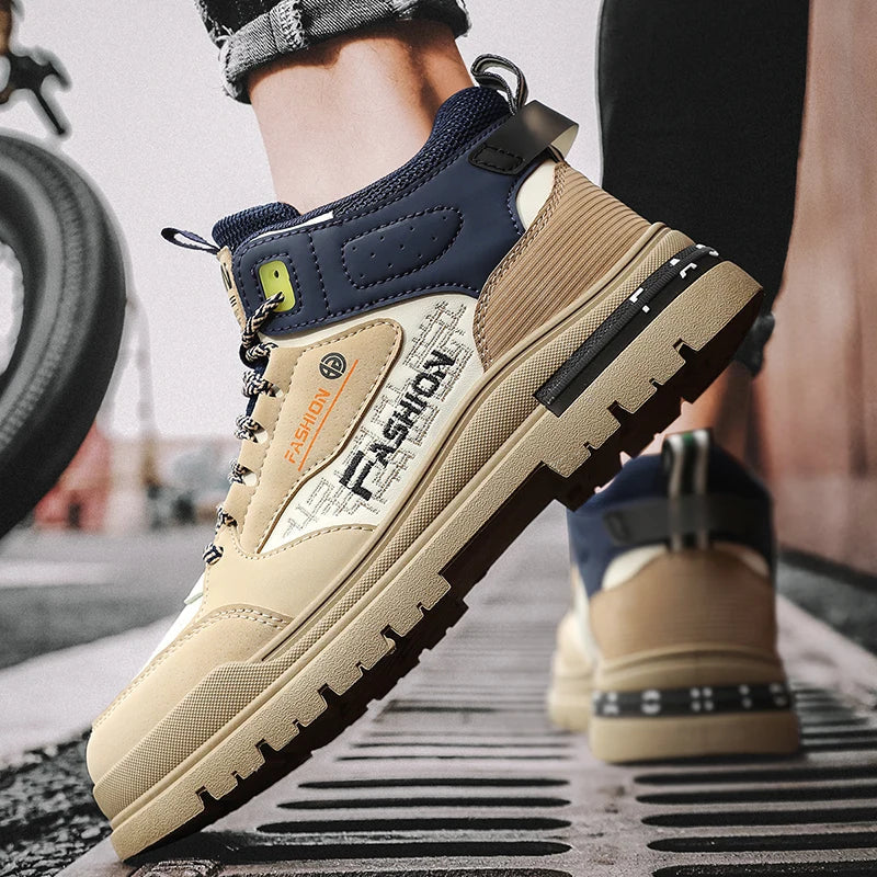 Men's High Top Lace-Up Sneakers Chunky Lug Sole Hiking Style Shoes