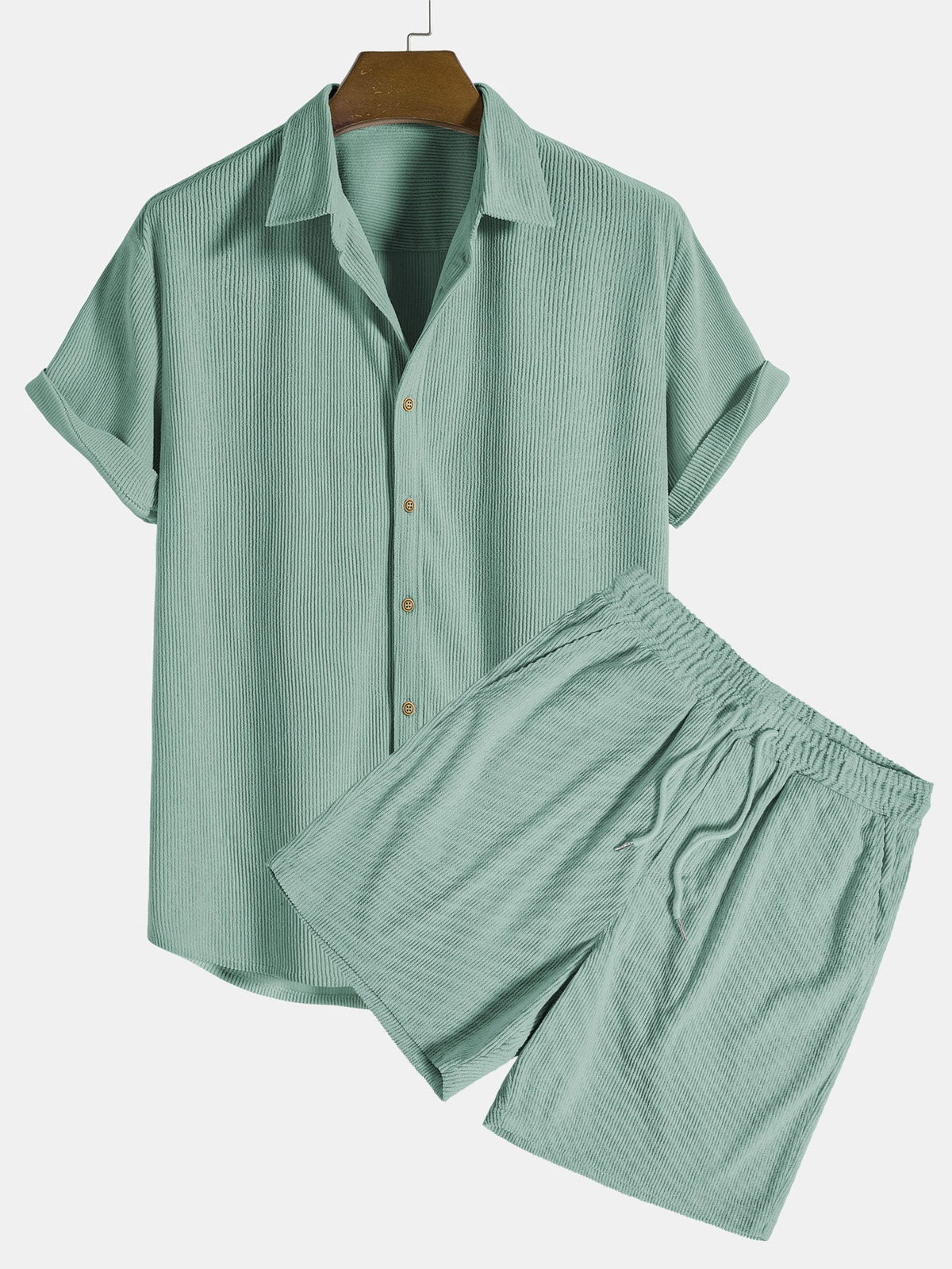 Men's Short Sleeve Button Up Shirt Shorts Set Textured Drawstring