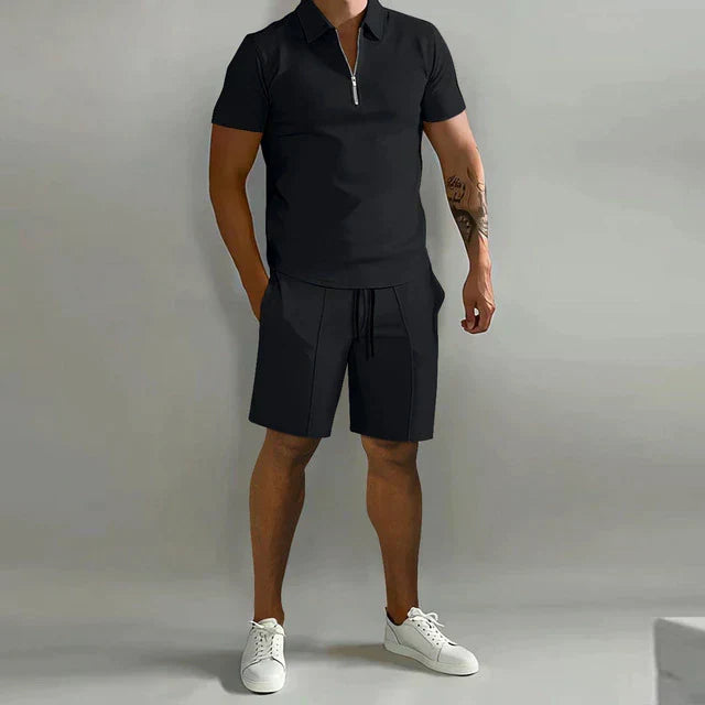 Men's Zip Polo Shirt Pleated Shorts Set Short Sleeve Two-Piece