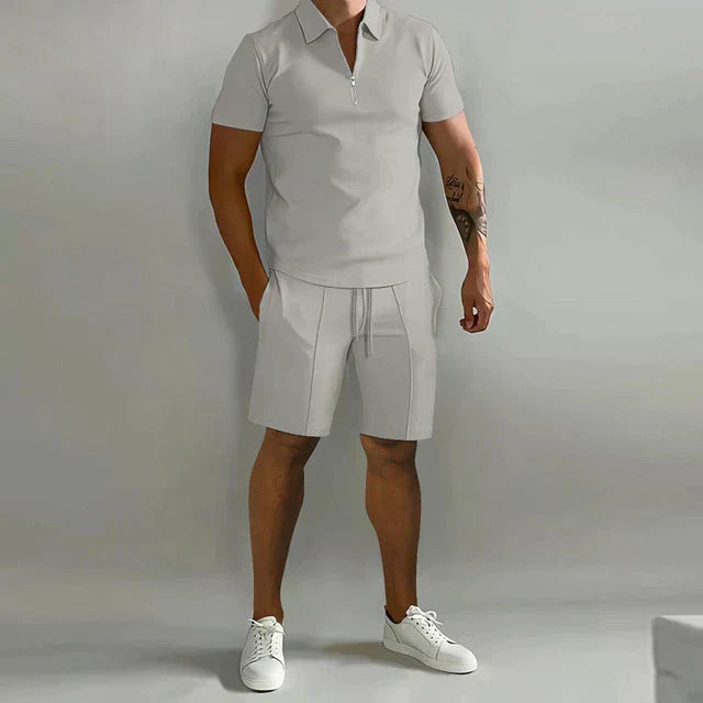 Men's Zip Polo Shirt Pleated Shorts Set Short Sleeve Two-Piece
