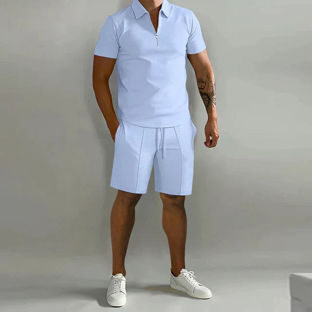 Men's Zip Polo Shirt Pleated Shorts Set Short Sleeve Two-Piece
