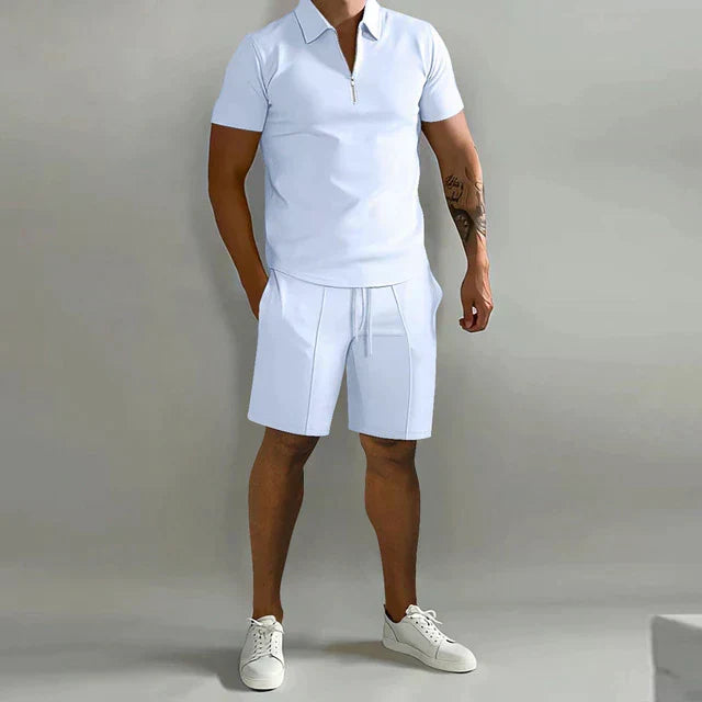 Men's Zip Polo Shirt Pleated Shorts Set Short Sleeve Two-Piece