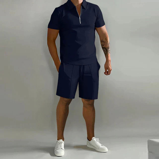 Men's Zip Polo Shirt Pleated Shorts Set Short Sleeve Two-Piece