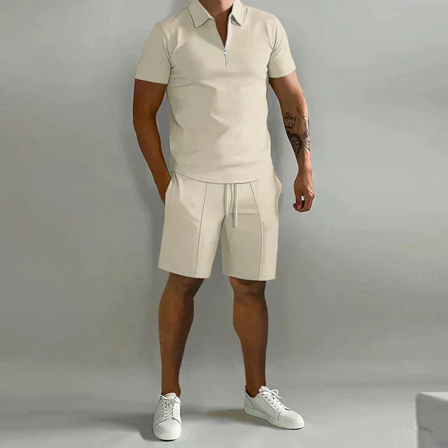 Men's Zip Polo Shirt Pleated Shorts Set Short Sleeve Two-Piece