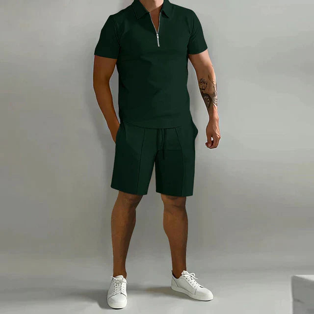 Men's Zip Polo Shirt Pleated Shorts Set Short Sleeve Two-Piece