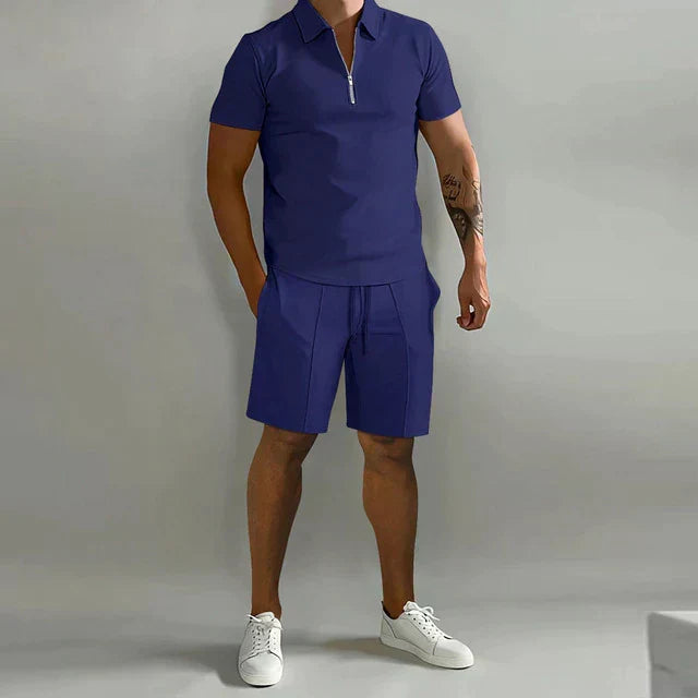 Men's Zip Polo Shirt Pleated Shorts Set Short Sleeve Two-Piece