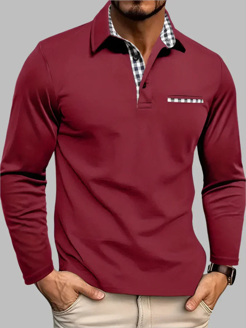 Men's Long Sleeve Contrast Trim Collared Polo Shirt