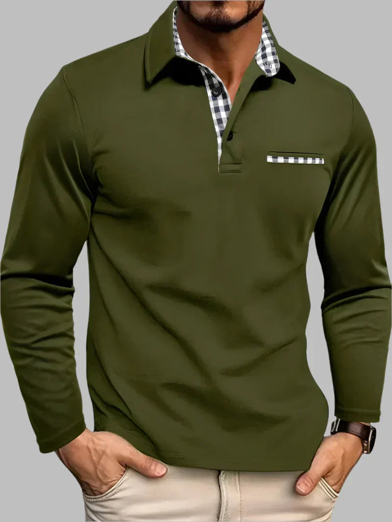 Men's Long Sleeve Contrast Trim Collared Polo Shirt