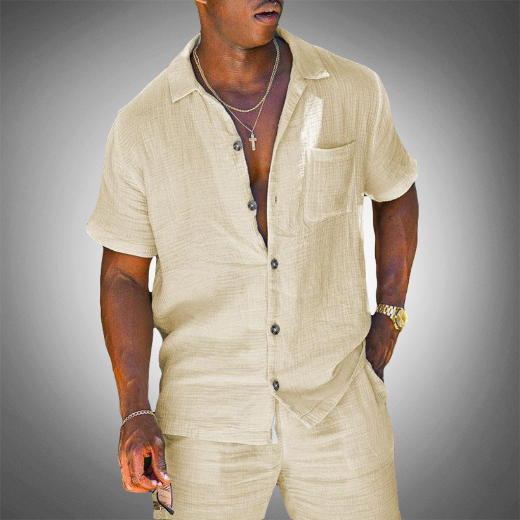 Men's Short Sleeve Button Front Drawstring Pants Set