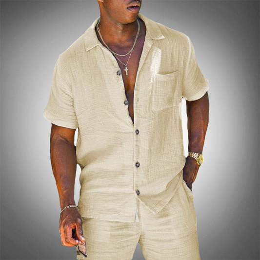Men's Short Sleeve Button Front Drawstring Pants Set