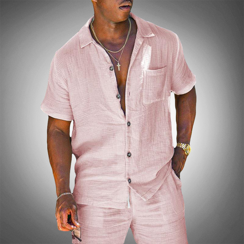 Men's Short Sleeve Button Front Drawstring Pants Set