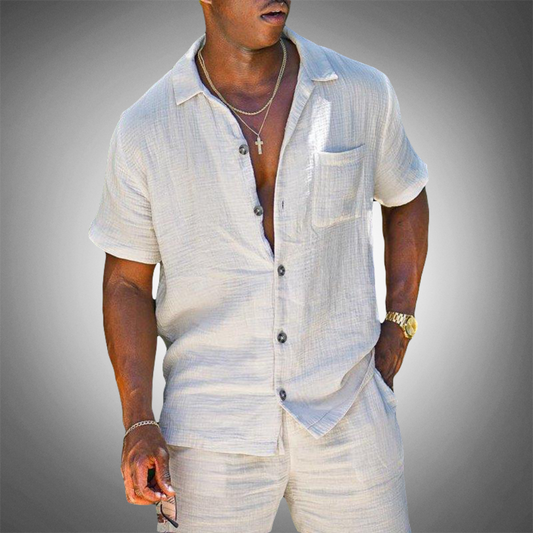 Men's Short Sleeve Button Front Drawstring Pants Set