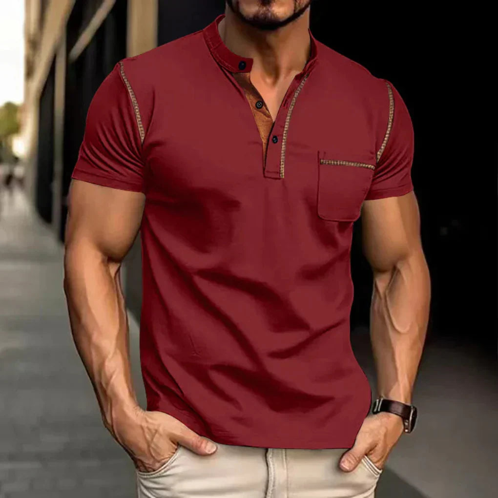Men's Short Sleeve Contrast Trim Stand Collar Polo Shirt