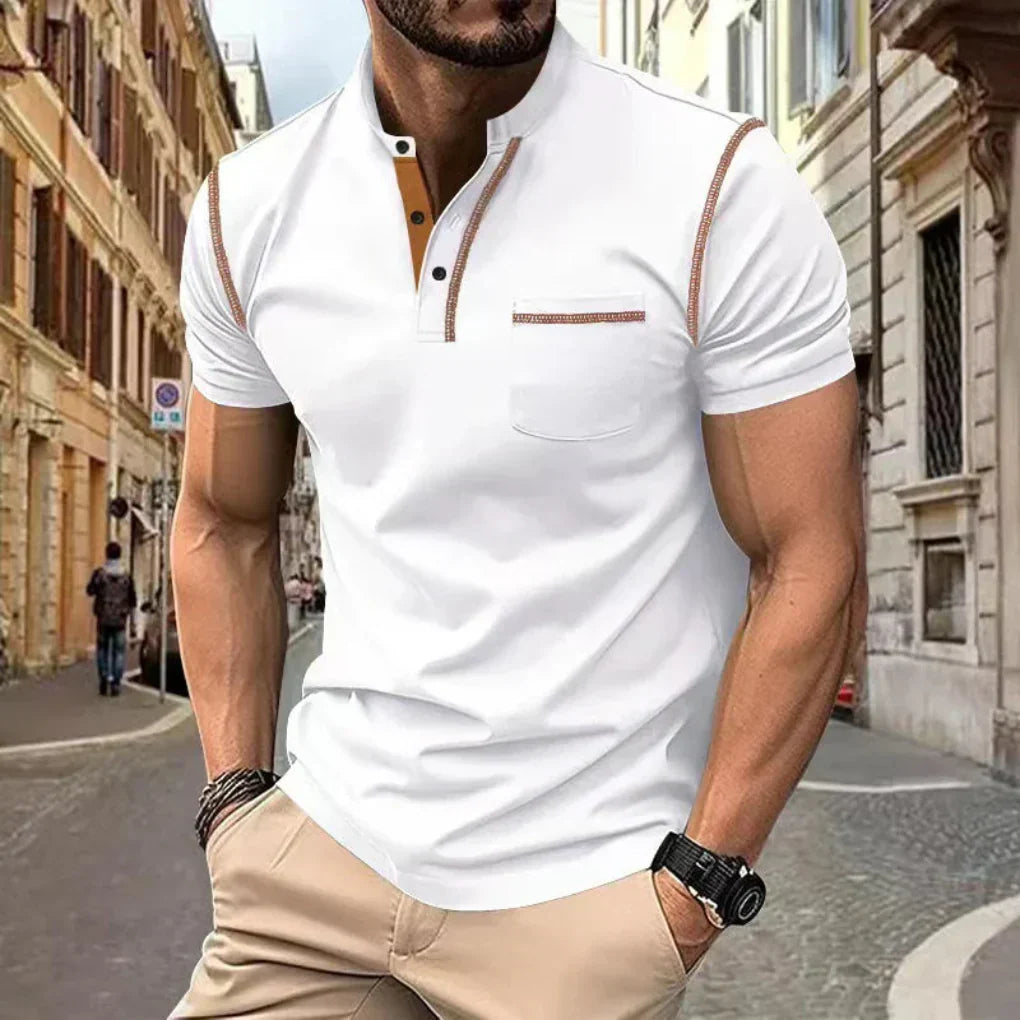 Men's Short Sleeve Contrast Trim Stand Collar Polo Shirt