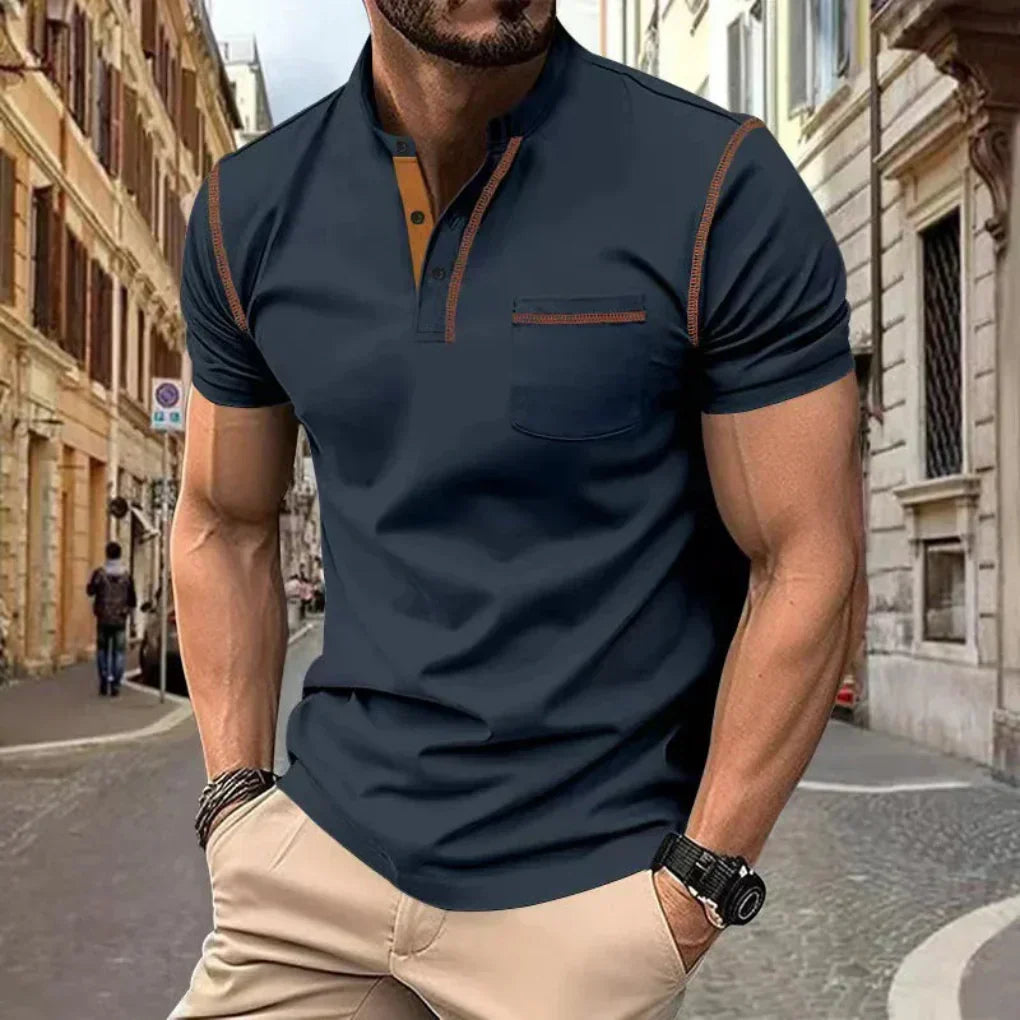 Men's Short Sleeve Contrast Trim Stand Collar Polo Shirt