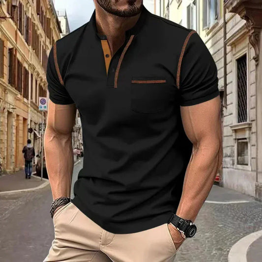 Men's Short Sleeve Contrast Trim Stand Collar Polo Shirt