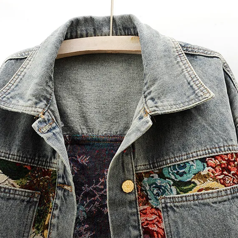 Women's Floral Patchwork Denim Jacket Cropped