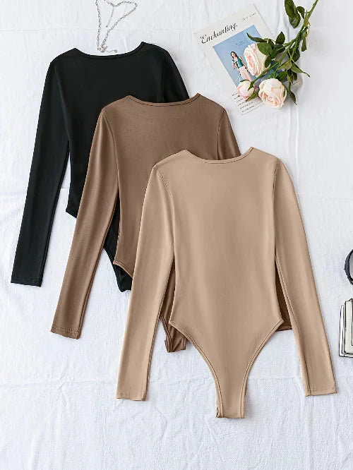 Women's Long Sleeve Fitted Bodysuit Crew Neck Snap Top