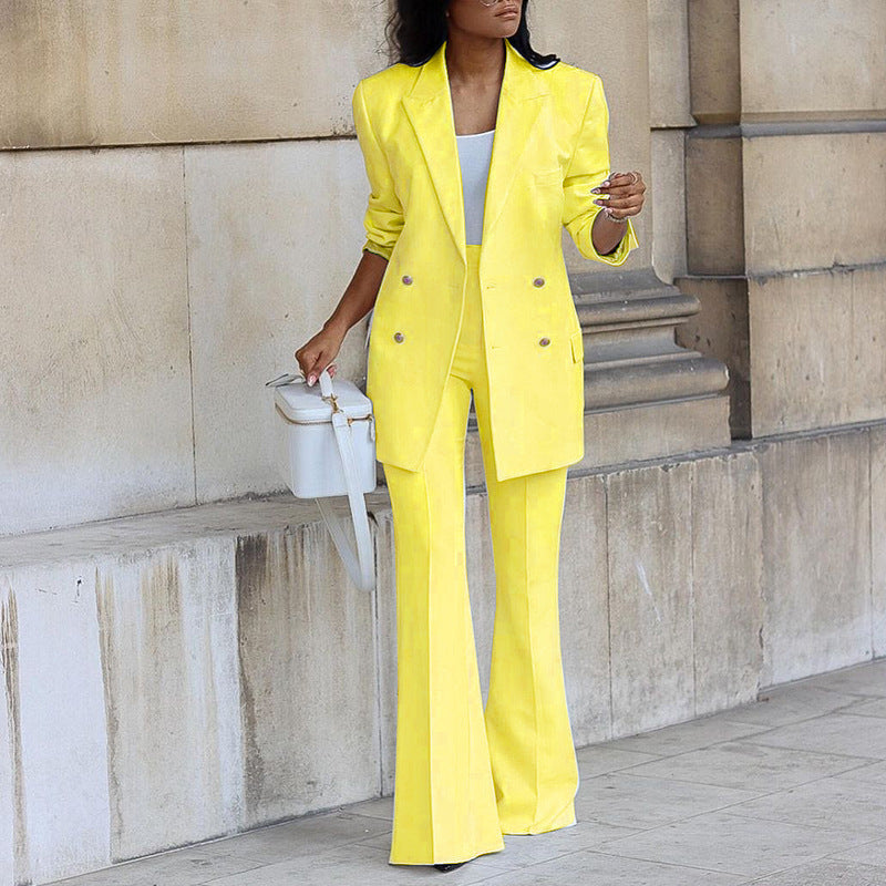 Women's Double Breasted Blazer Flared Trousers Set
