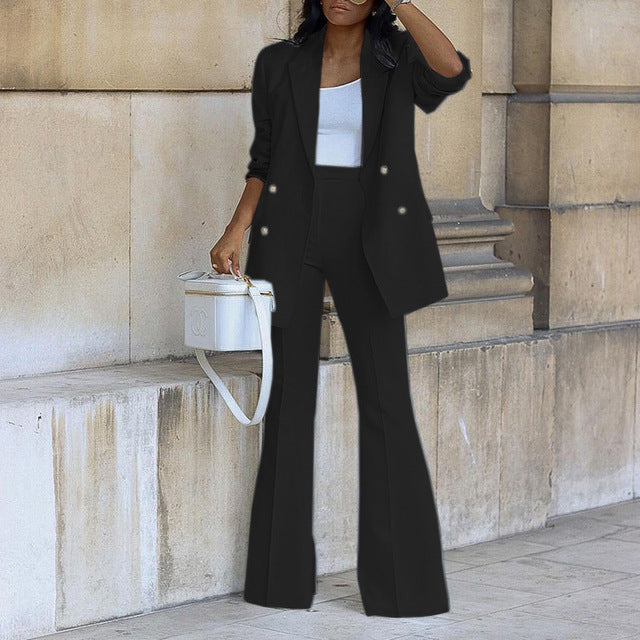 Women's Double Breasted Blazer Flared Trousers Set