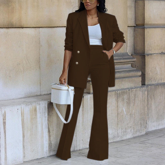 Women's Double Breasted Blazer Flared Trousers Set
