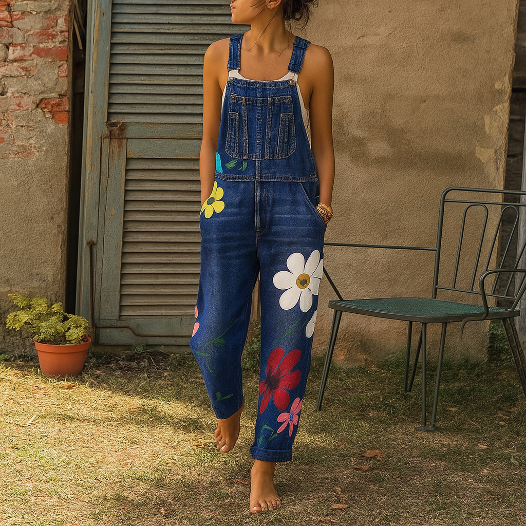 Women's Floral Print Denim Overalls