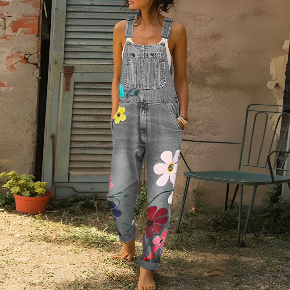 Women's Floral Print Denim Overalls