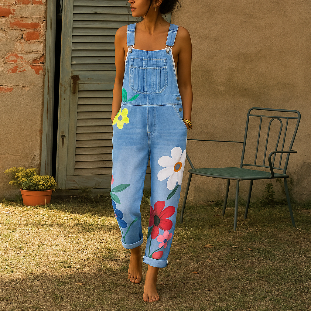 Women's Floral Print Denim Overalls