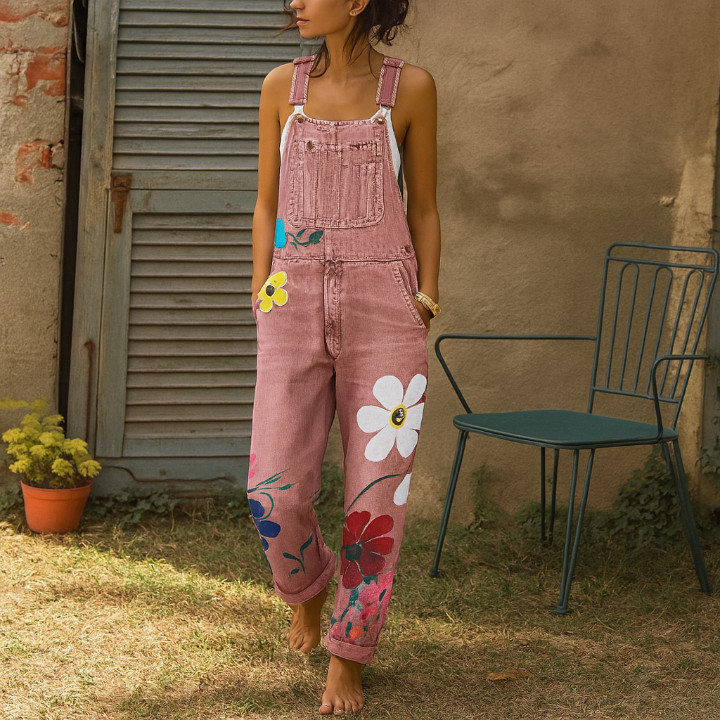 Women's Floral Print Denim Overalls