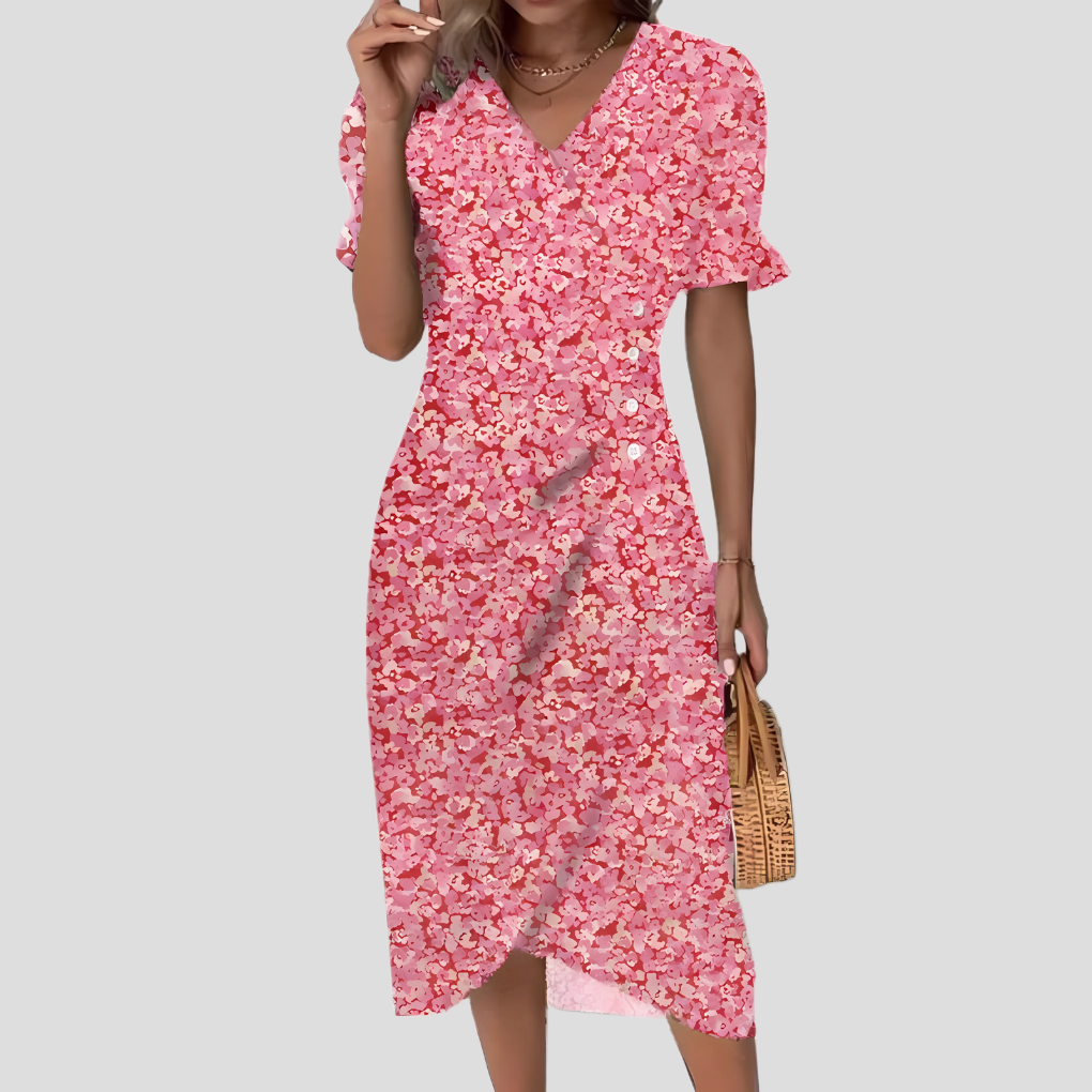 Women's Floral V-Neck Short Sleeve Midi Dress