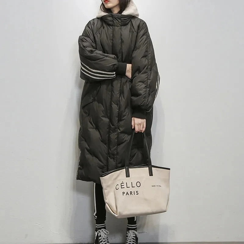 Women's Hooded Striped Sleeve Quilted Coat