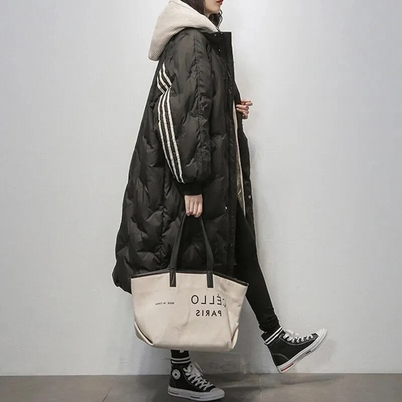 Women's Hooded Striped Sleeve Quilted Coat