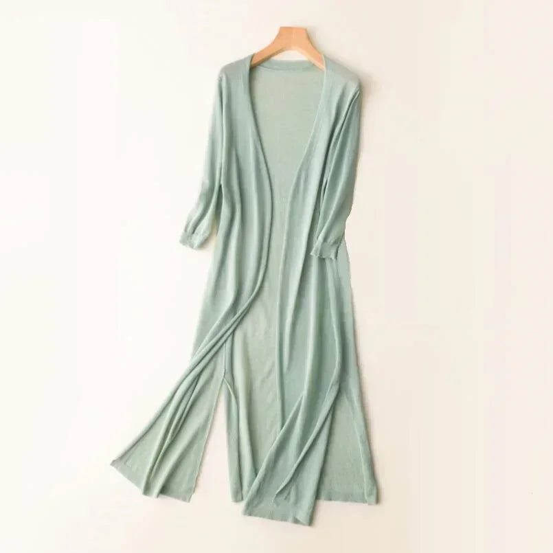 Women's Open Front Side Slit Long Cardigan