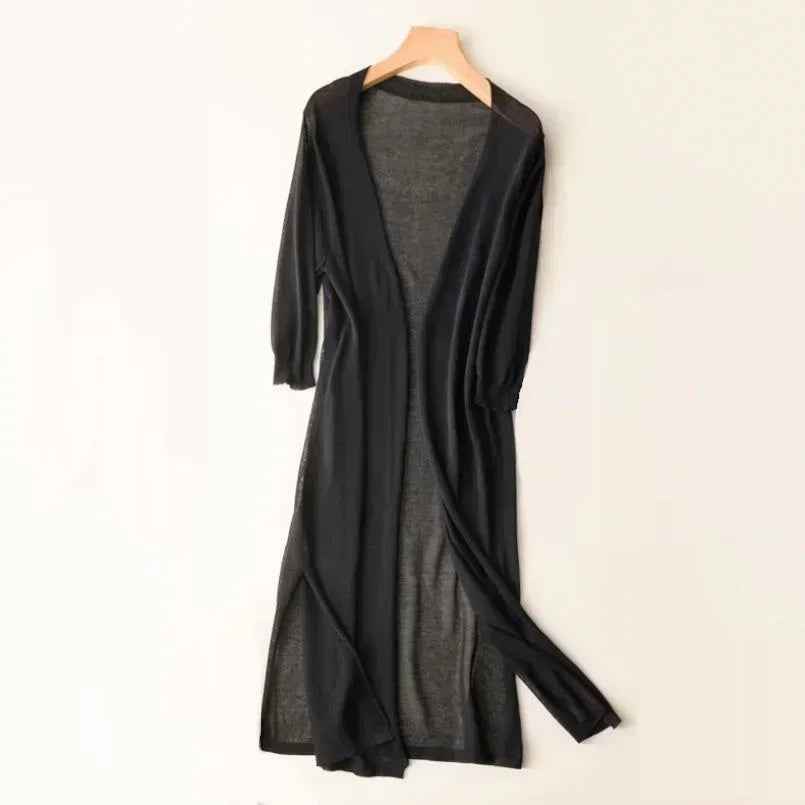 Women's Open Front Side Slit Long Cardigan