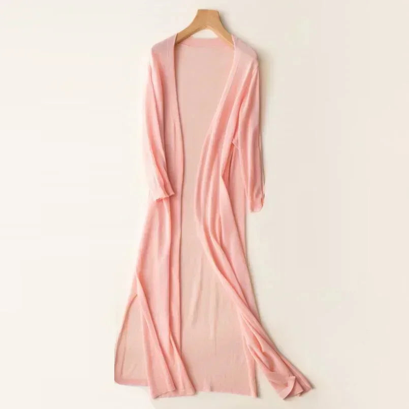 Women's Open Front Side Slit Long Cardigan