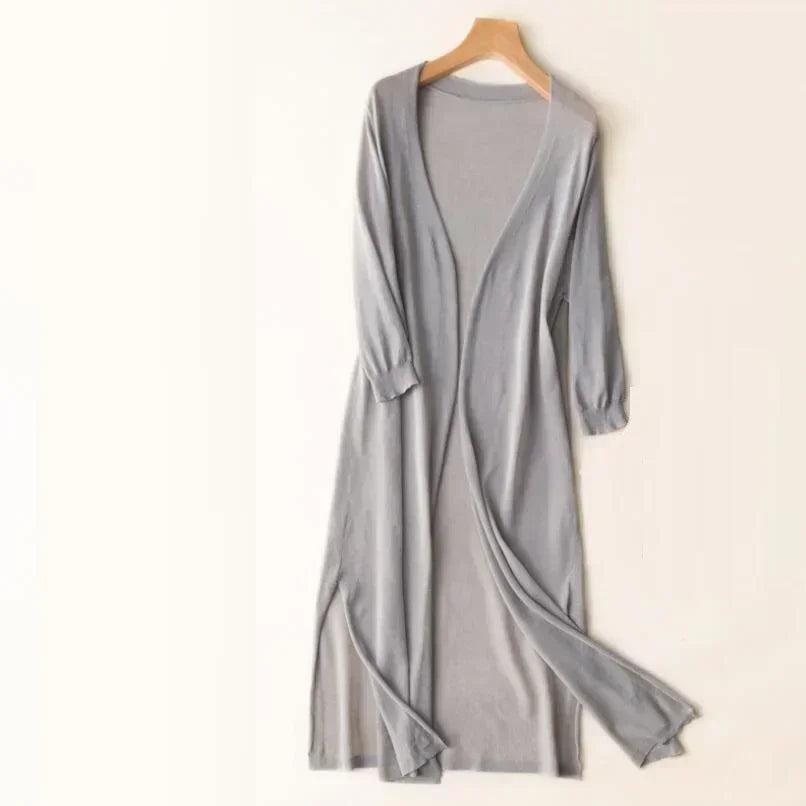 Women's Open Front Side Slit Long Cardigan
