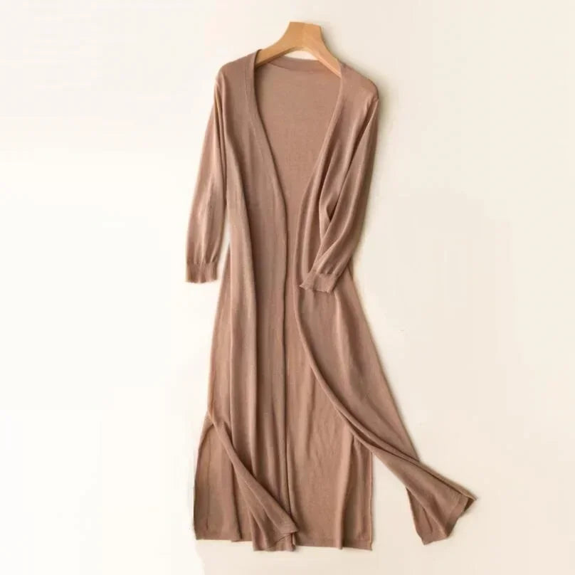 Women's Open Front Side Slit Long Cardigan