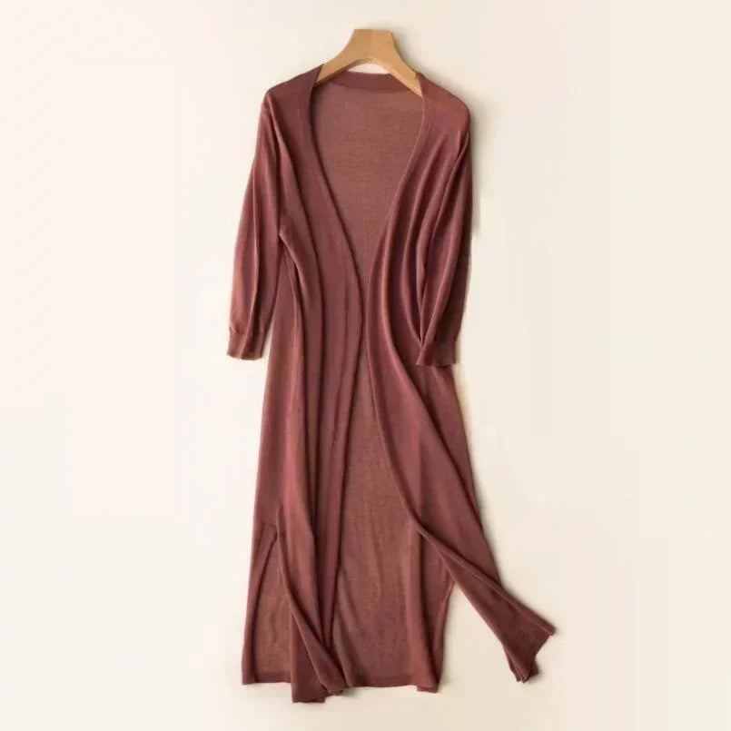 Women's Open Front Side Slit Long Cardigan