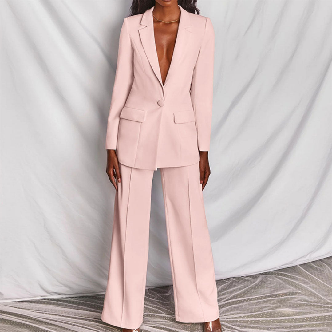 Women's Single Button Long Sleeve Wide Leg Pants Set