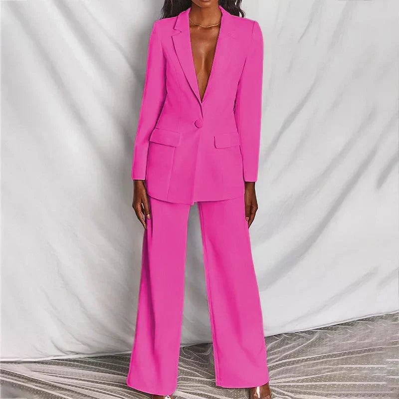 Women's Single Button Long Sleeve Wide Leg Pants Set