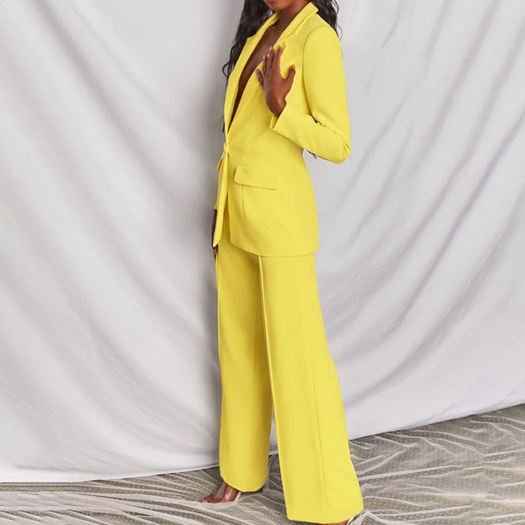 Women's Single Button Long Sleeve Wide Leg Pants Set