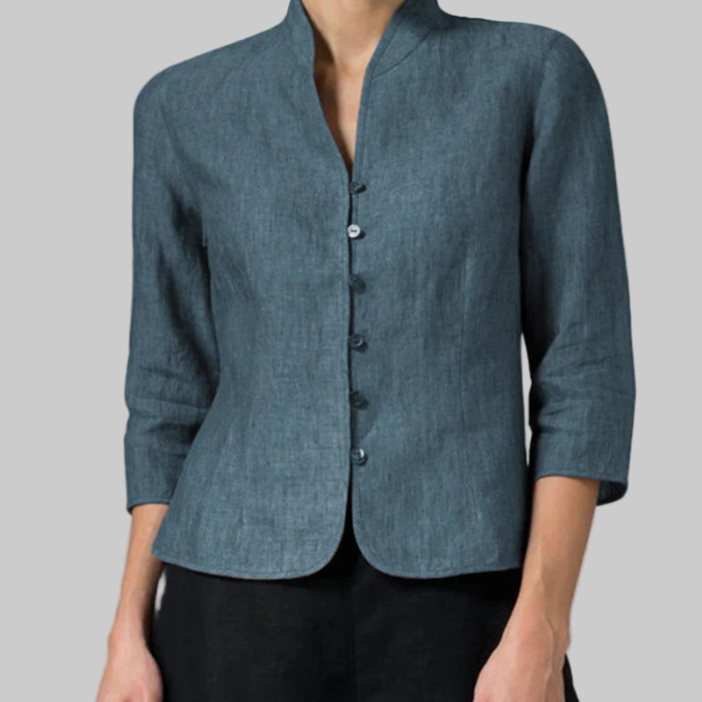 Women's Stand Collar Button Front Three Quarter Sleeve Blouse